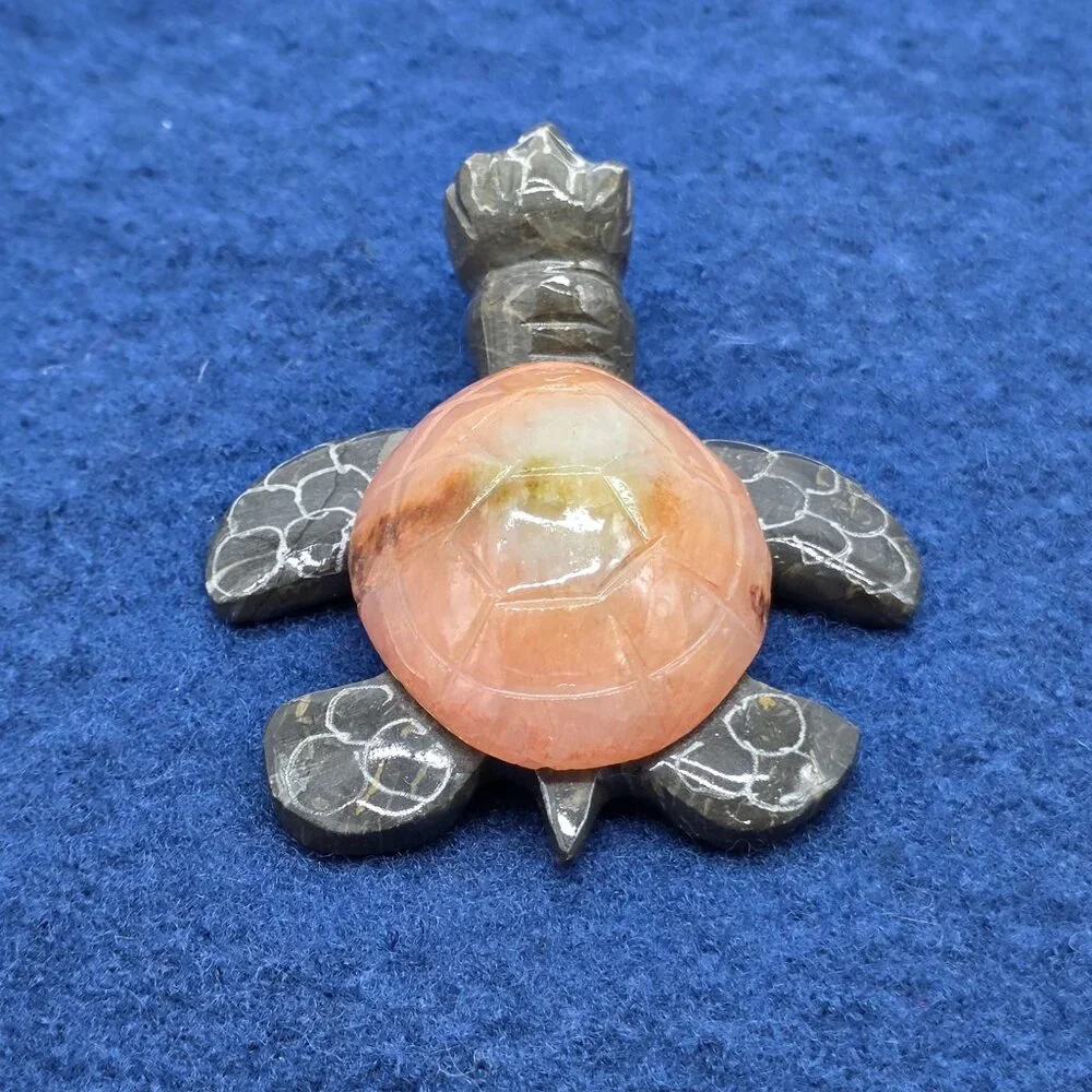 Hand Carved Stone Turtle Figurine Fossil Shell Desk Decor Sculpture Paperweight
